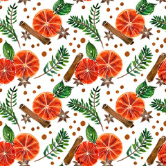 Christmas watercolor seamless pattern with ale and oranges