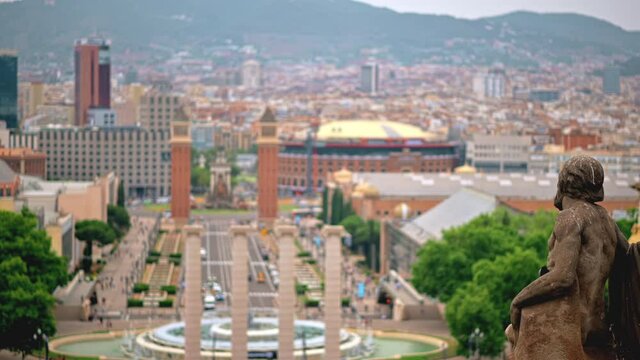 The National Palace statue with view of Barcelona on the background, Spain. Cloudy weather