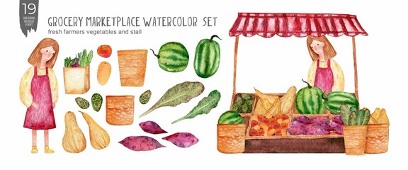 Handdrawn grocery marketplace watercolor  set, fresh farmers vegetables stall