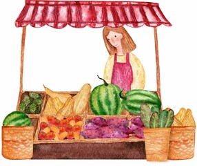 Handdrawn grocery marketplace watercolor composition, fresh farmer's vegetables stall