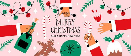 Horizontal Christmas banner with hands. Festive dinner concept.  - 462605422