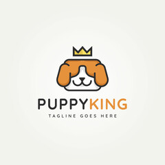 puppy king minimalist flat logo, dog head with king crown pet shop or clinic icon logo vector illustration design