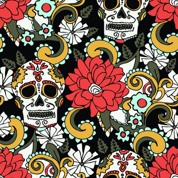 Seamless vector pattern with skulls and flowers on black background. Busy bright carnival wallpaper design. Decorative mexico fashion textile.