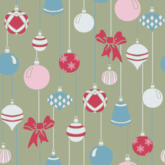 Seamless vector pattern with Christmas baubles on beige background. Simple winter decoration wallpaper design. Festive fashion textile.