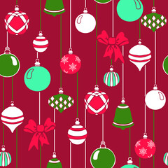 Seamless vector pattern with Christmas baubles on red background. Simple winter decoration wallpaper design. Festive fashion textile.