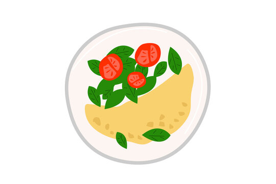 Scrambled eggs on a white plate in a flat style, illustration with breakfast, suitable for the menu