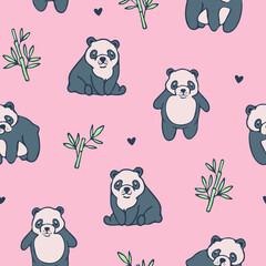 Seamless vector pattern with cute panda on pink background. Simple cartoon animal wallpaper design for children. Decorative baby shower fashion textile.