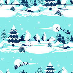 Fototapeta na wymiar Seamless vector pattern with Christmas fairy tale on blue background. Winter season landscape wallpaper design. Decorative festive fashion textile.