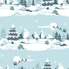 Seamless vector pattern with Christmas landscape on grey background. Winter fun wallpaper design. Decorative ice skating silhouette fashion textile.