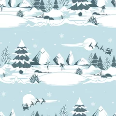 Fotobehang Seamless vector pattern with Christmas landscape on grey background. Winter fun wallpaper design. Decorative ice skating silhouette fashion textile. © Randmaart