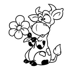 Surprised cow holding a large flower illustration outline