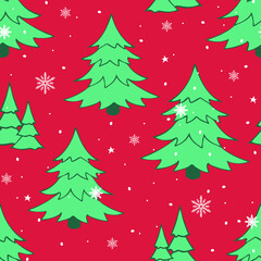 Fototapeta premium Seamless vector pattern with Christmas tree on red background. Simple winter forest wallpaper design. Decorative seasonal fashion textile.