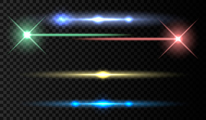 Vector illustration. Horizontal lens flare set. Laser beams, horizontal light beams. Beautiful flashes of light. Glowing stripes on a dark background. Glowing abstract sparkling background with lining