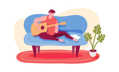 Learning play guitar at home, beginner musician. Vector music education play at guitar instrument, illustration hobby musician, character performer teenager learn