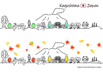 秋の鹿児島県の観光地の街並みシンプル線画セット