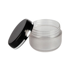 transparent cream box with black lid isolated on white background