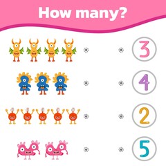 Fototapeta premium Math colorful game for kids. How many cute sweet elements are there.