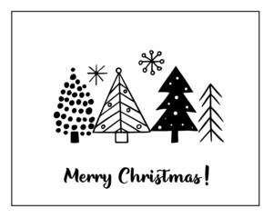 Christmas greeting cards made of handdrawn stylized Christmas trees. Scandinavian style doodle elements. Vector template for a poster or invitation