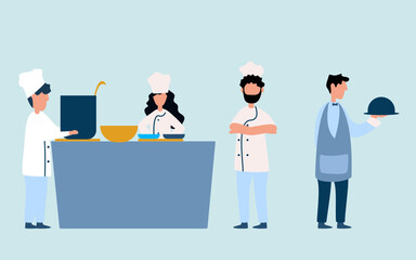 Flat chef and waiter. chef cooking in Restaurant kitchen with culinary staff