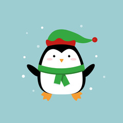 Cute cartoon baby penguin in elf hat