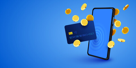 Mobile banking app and e-payment. Smartphone pay by credit card via electronic phone wallet. Online banking. Shopping by phone.