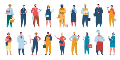 Professional workers in uniform, men and women with various occupations. Engineer, nurse, chef, policewoman, builder, farmer vector set. Career characters with different employment
