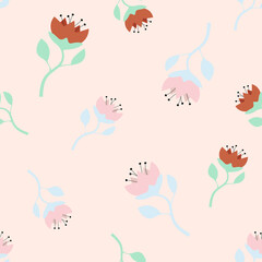 Vintage bells seamless pattern. Elegant flower in the doodle style. Botanical vector illustration. Cartoon flowers on a beige background.