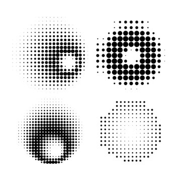 Halftone circles, halftone dot pattern texture set on white background