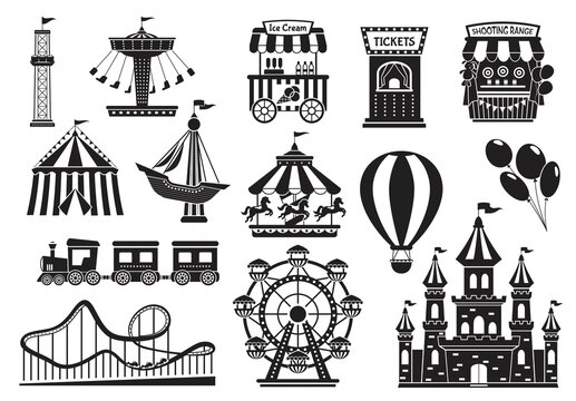 Amusement park silhouette elements, carnival fairground attractions. Kids carousel, roller coaster, circus tent, funfair rides icon vector set. Ferris wheel for fun and entertainment