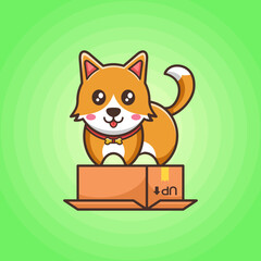 Cute orange puppy dog with smiling face and bone necklace stand on a flipped box in green background