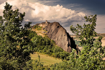Scenic view of Pietra Perduca, an amazing volcanic rock with an ancient church set in stone...