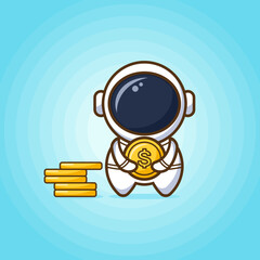 Cute astronaut holding a big coin and standing beside a pile of coins in blue background