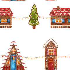 Watercolor hand drawn seamless pattern with stars and gingerbread houses and Christmas tree; christmas texture for textile and wrapping paper