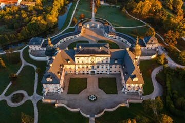 Beautiful autumn sunrise at the famous L'Huillier-Coburg Palace in Edelény which is the seventh largest palace in Hungary. Built between 1716 and 1730. Hungarian name is Edelényi kastélysziget.