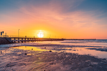Moonta Bay jetty view during low tide at sunset, Yorke Peninsula,  South Australia