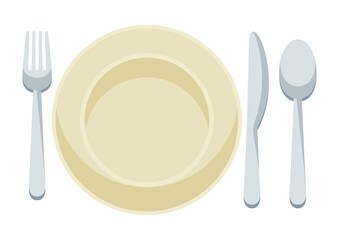 Illustration of plate with cutlery. Breakfast icon. Food item for menu restaurants and shops.