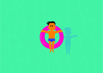 young floating sitting on bagel in pool on summer vacation. Holiday themed illustrator