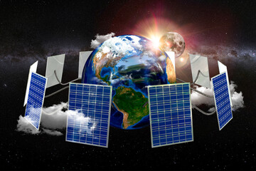 Earth with solar panels over space surrounded by clouds, 3d illustration