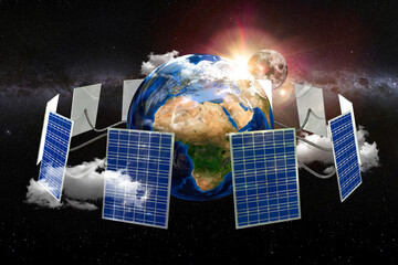 Earth with solar panels over space surrounded by clouds, 3d illustration