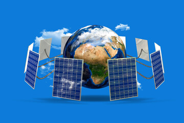 Earth with solar panels on blue background surrounded by clouds, 3D illustration