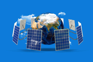 Earth with solar panels on blue background surrounded by clouds, 3D illustration