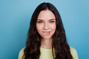 Photo of tempting tender hot pretty girl flirt bite lips look camera on blue background