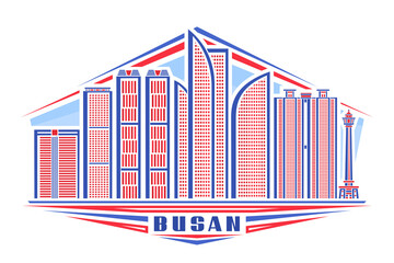 Vector illustration of Busan, horizontal poster with linear design famous busan city scape on day sky background, asian urban line art concept with decorative lettering for blue word busan on white.