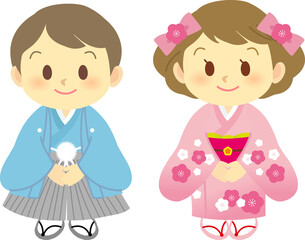 イラスト素材: ニッコリ笑顔で紋付き袴姿の男女の立ち姿　主線なし　水色とピンク
