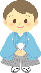 イラスト素材: ニッコリ笑顔で紋付き袴姿の男の子の立ち姿　主線なし　ブルー
