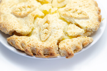 Traditional apple pie, Bramley apple filling in shortcrust pastry, topped with demerara sugar glaze