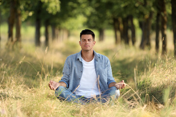 Naklejka na ściany i meble Man meditating in forest on sunny day