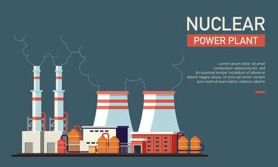 Flat vector illustration of nuclear power plant. Suitable for design element form nuclear company website background, eco friendly and renewable energy infographic. - obrazy, fototapety, plakaty