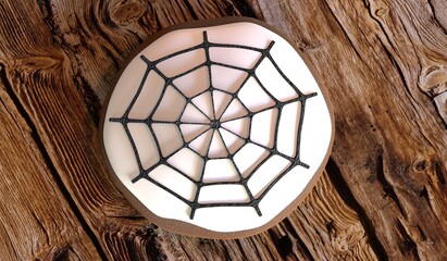 Halloween spiderweb cookie on wooden background - 3D illustration