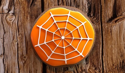 Halloween spiderweb cookie on wooden background - 3D illustration